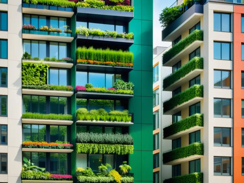 Vista impresionante de huertos verticales en una ciudad bulliciosa, creando un contraste asombroso entre naturaleza y arquitectura urbana