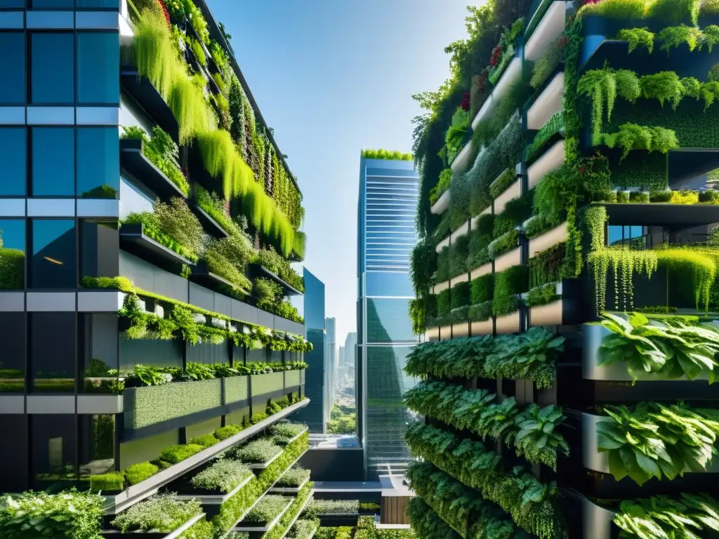 Vista impresionante de huertos verticales urbanos, fusionando naturaleza e innovación en el paisaje urbano moderno