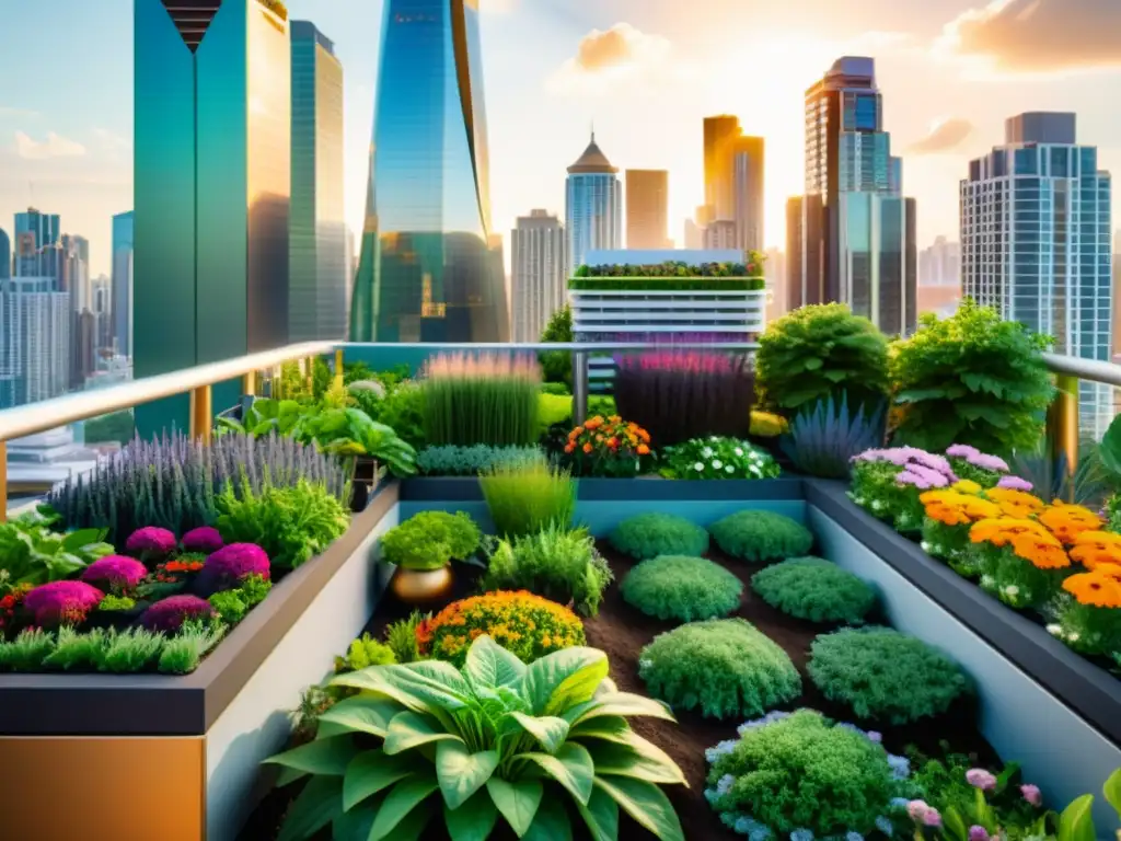 Vista impresionante de huertos verticales para permacultura urbana con vegetación exuberante y diseño moderno en la ciudad