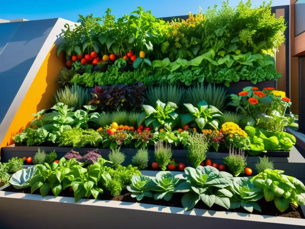 Vista impresionante de huertos verticales orgánicos urbanos con plantas exuberantes y flores coloridas en un jardín de azotea moderno y vibrante