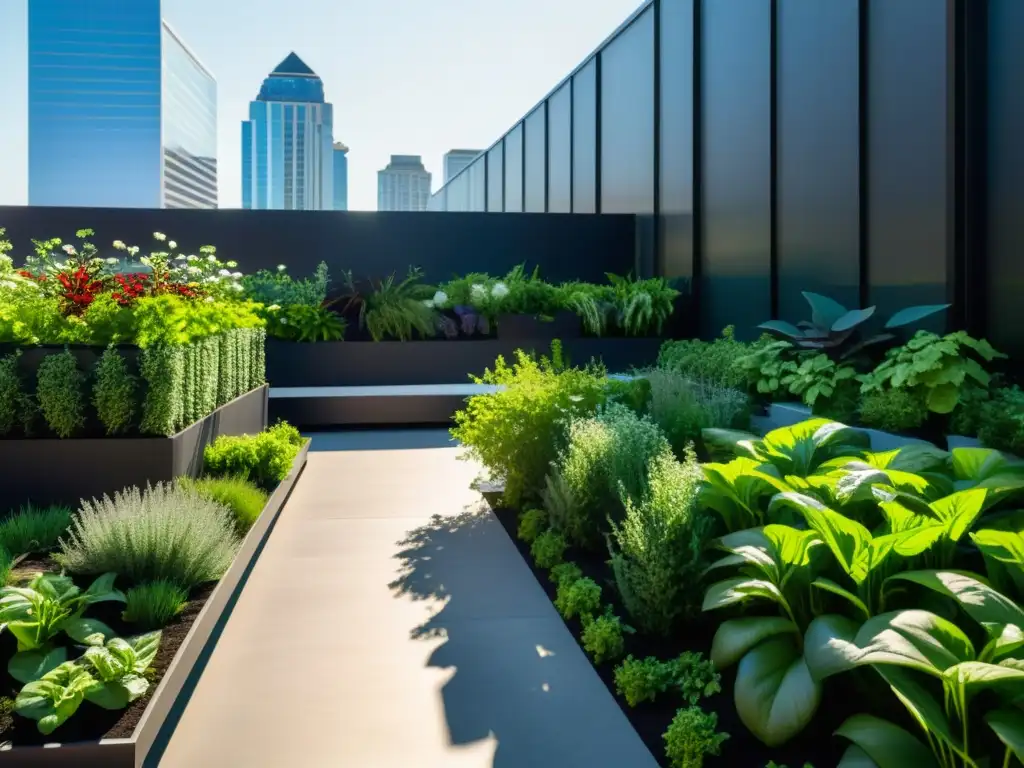 Vista impresionante de huertos verticales en jardín urbano moderno, integrando naturaleza y arquitectura en la ciudad