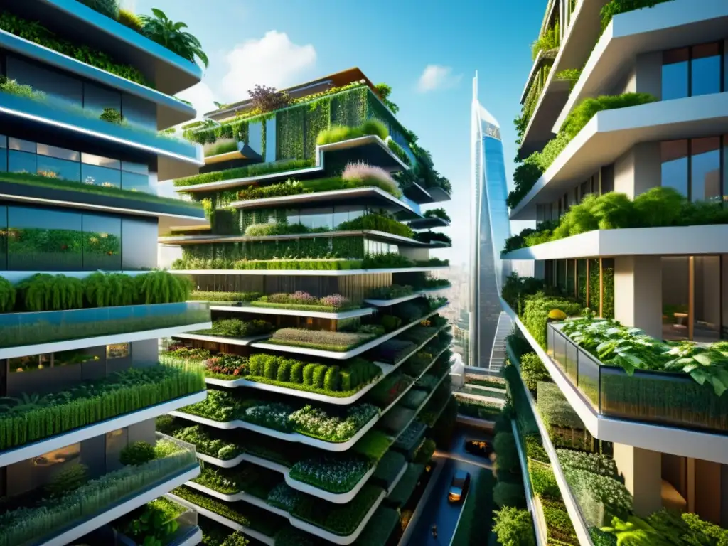 Vista impresionante de huertos verticales y agricultura urbana innovadora en una ciudad futurista