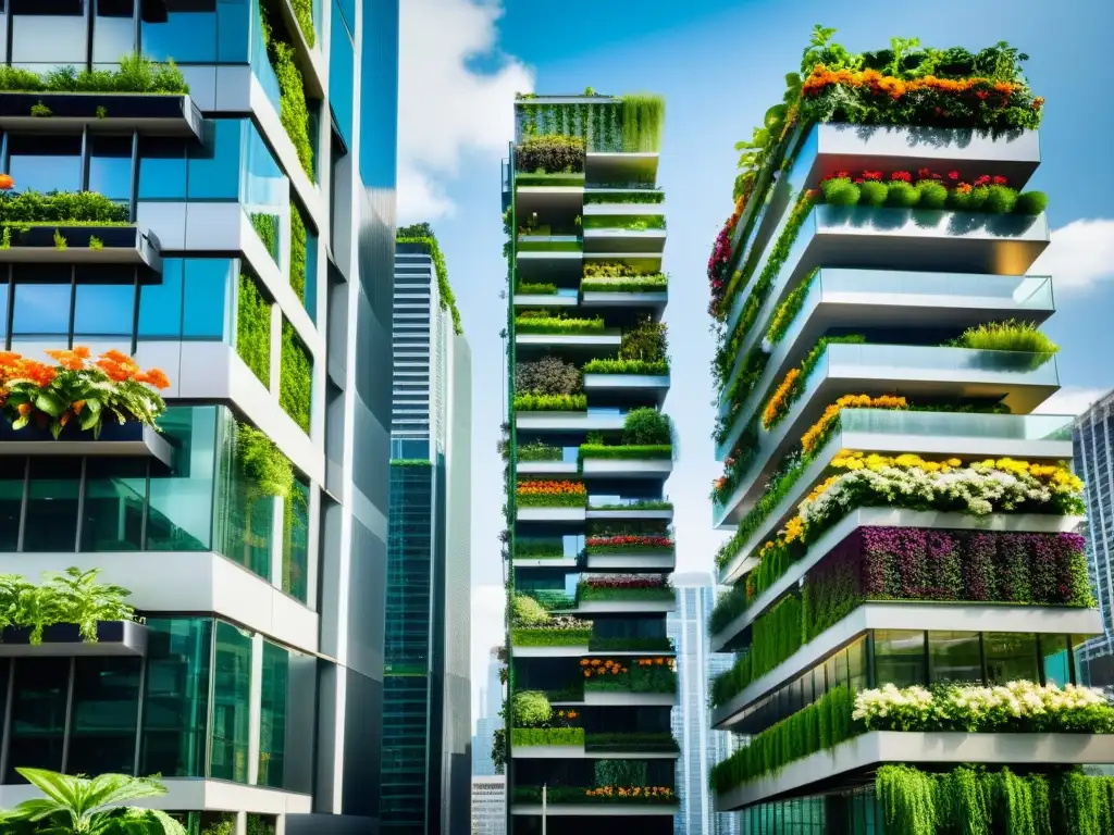 Vista impresionante de huertos verticales urbanos integrados en modernos rascacielos, con exuberante vegetación y flores vibrantes