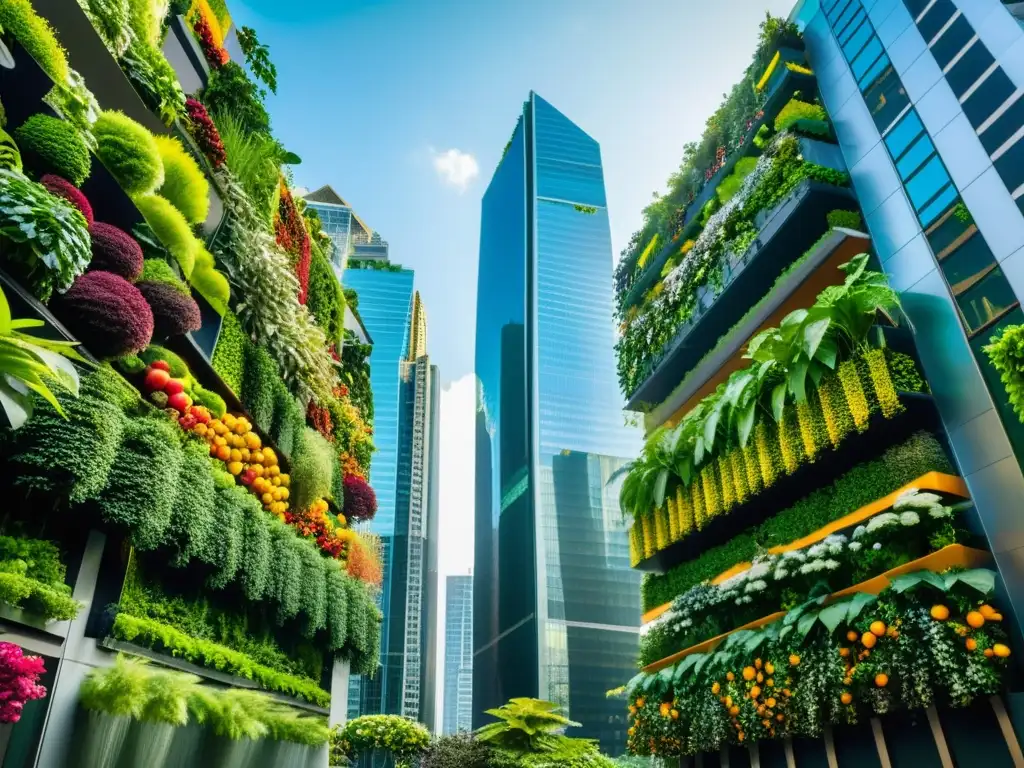 Vista impresionante de huertos verticales urbanos con frutas, verduras y flores, contrastando con la arquitectura moderna