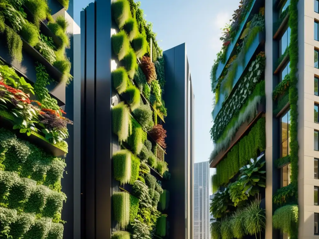 Vista impresionante de huertos verticales transformando la ciudad con vegetación exuberante y diseño energéticamente eficiente