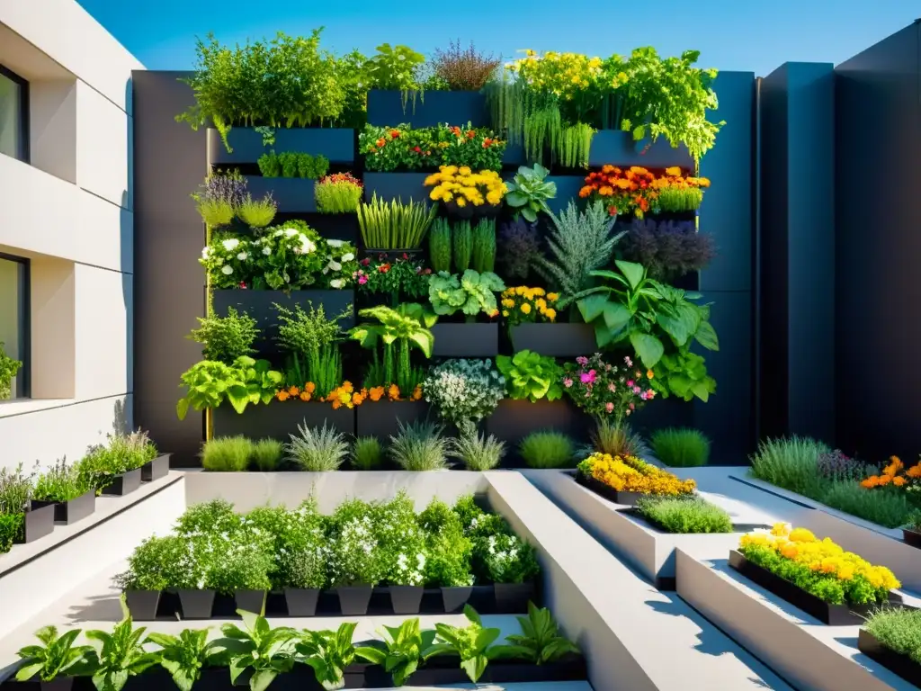 Vista impresionante de huertos verticales urbanos con estructuras modulares, flores y vegetales, contrastando con el paisaje urbano