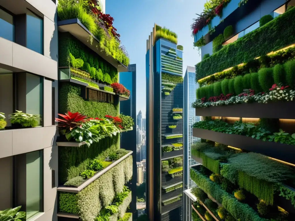 Vista impresionante de huertos verticales urbanos integrados en rascacielos modernos, destacando la integración de naturaleza y arquitectura