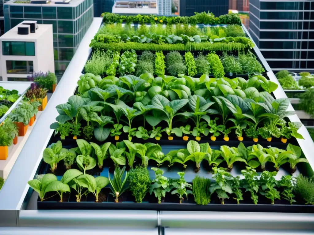 Una vista impresionante de una moderna huerta urbana en Oriente Medio, con un diseño innovador y exuberante vegetación