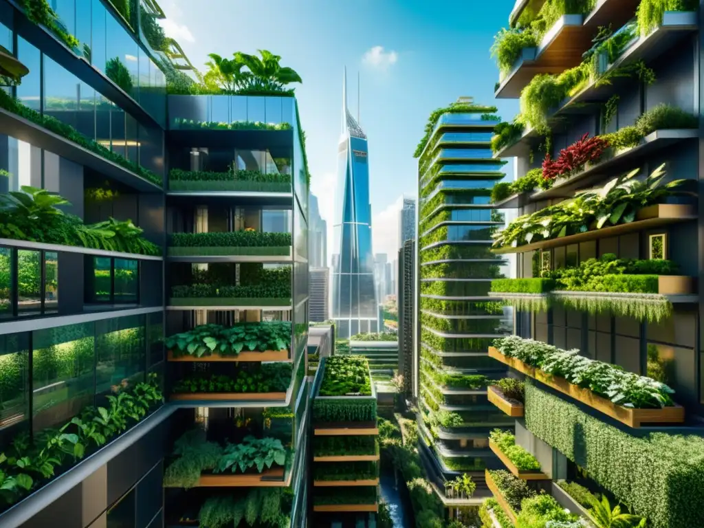 Vista impresionante de rascacielos futuristas y jardines verticales, reflejando la legislación agricultura vertical urbana