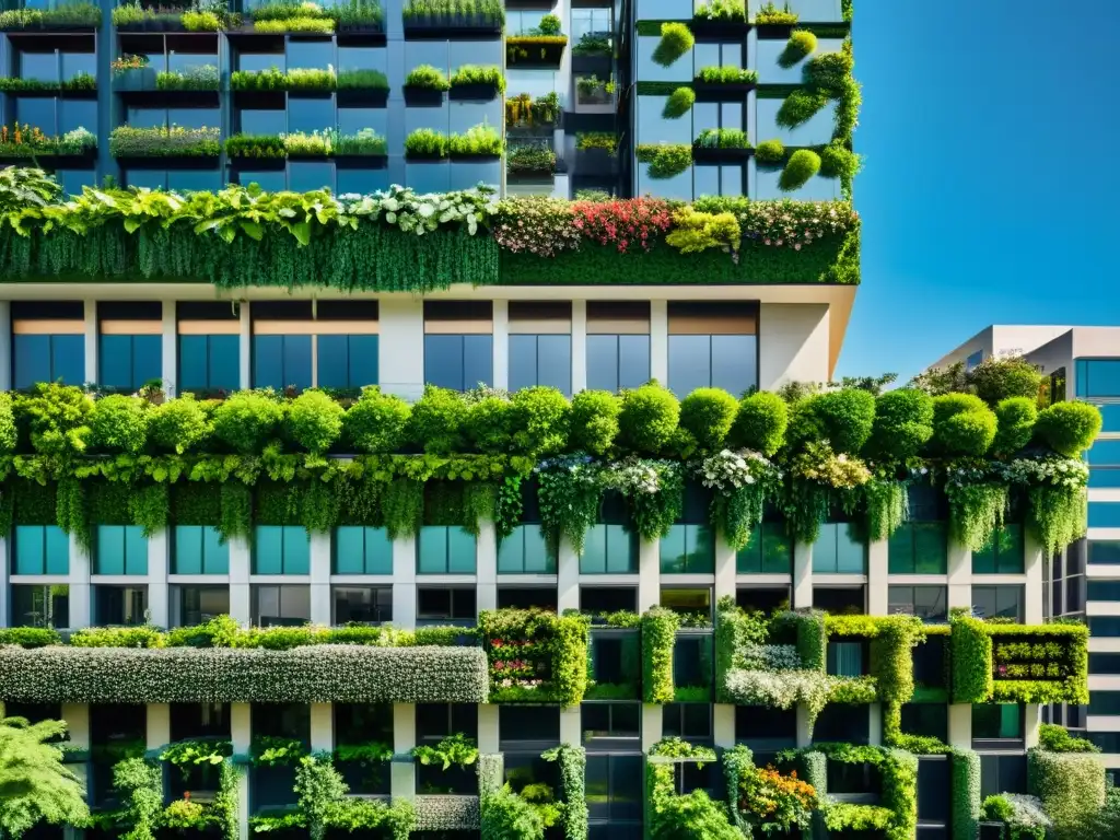 Vista impresionante de rascacielos con jardines verticales, ilustrando la armonía entre naturaleza y ciudad