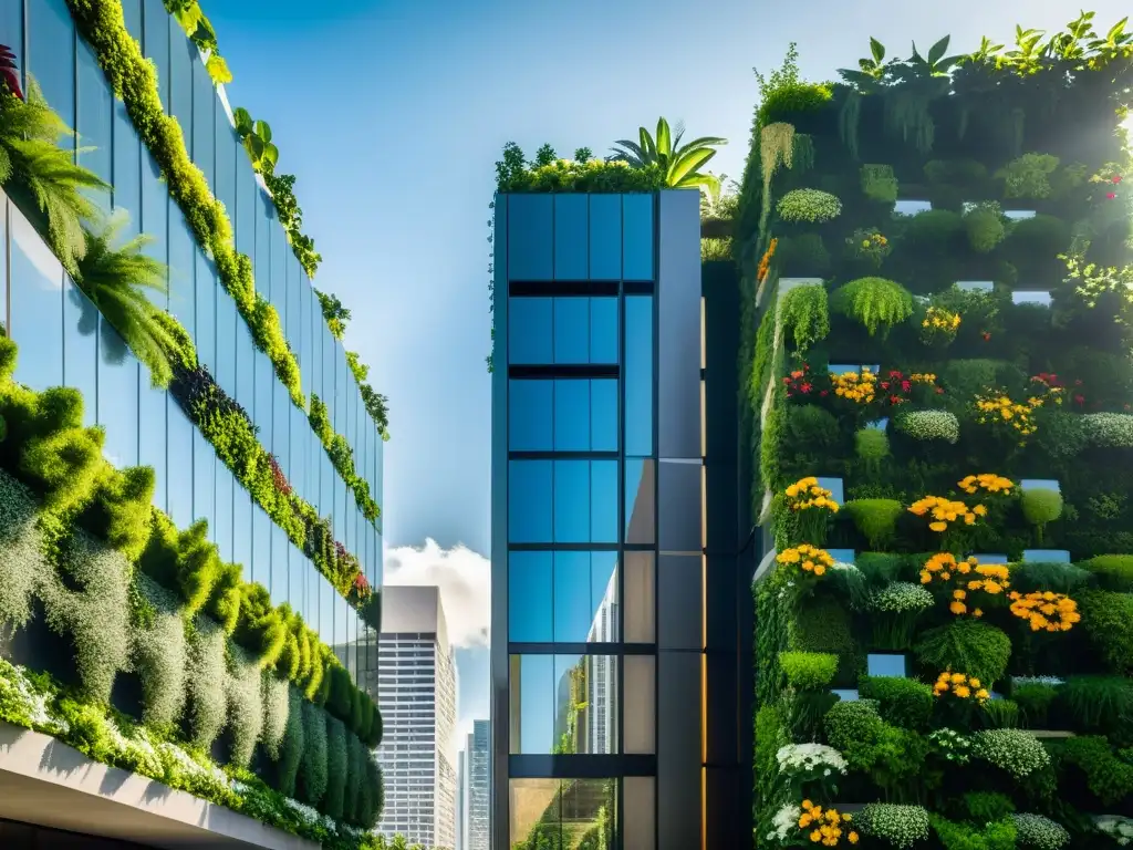 Vista impresionante de rascacielos modernos con jardines verticales exuberantes, Generación de Oxígeno en Alturas Urbanas