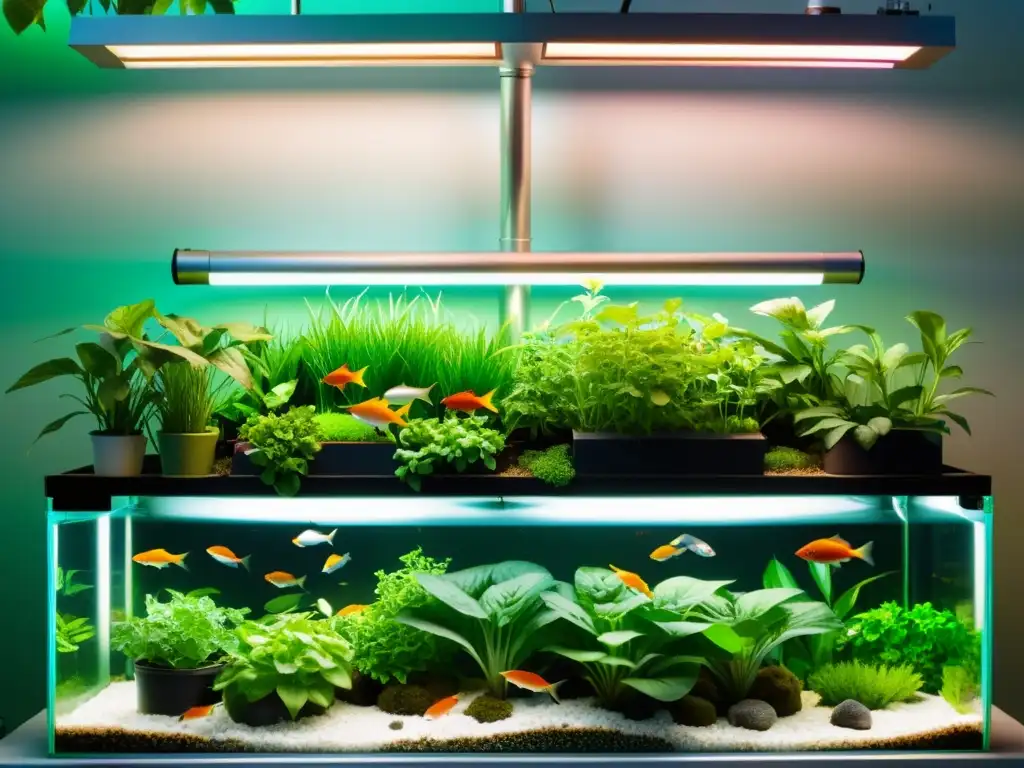 Vista impresionante de un sistema acuapónico con peces y plantas vibrantes