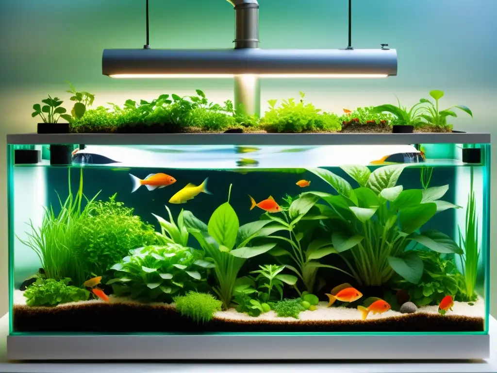 Vista impresionante de un sistema acuapónico moderno que destaca la importancia de la calidad del agua para la acuaponía, con plantas exuberantes y peces coloridos