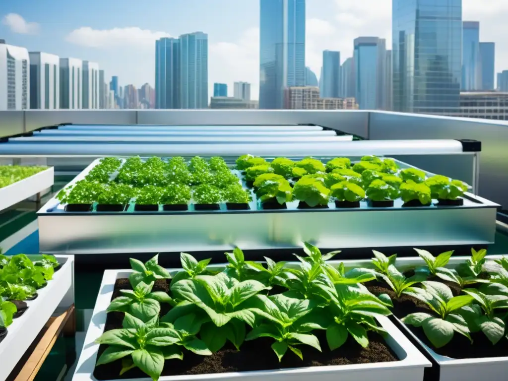 Vista impresionante de un sistema de acuaponía urbana con plantas verdes y peces en tanques, creando un contraste natural-urbano