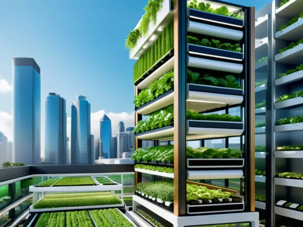 Vista impresionante de tecnología en huertos verticales automatizados integrada en la bulliciosa ciudad, mostrando la armonía entre naturaleza y tecnología de vanguardia