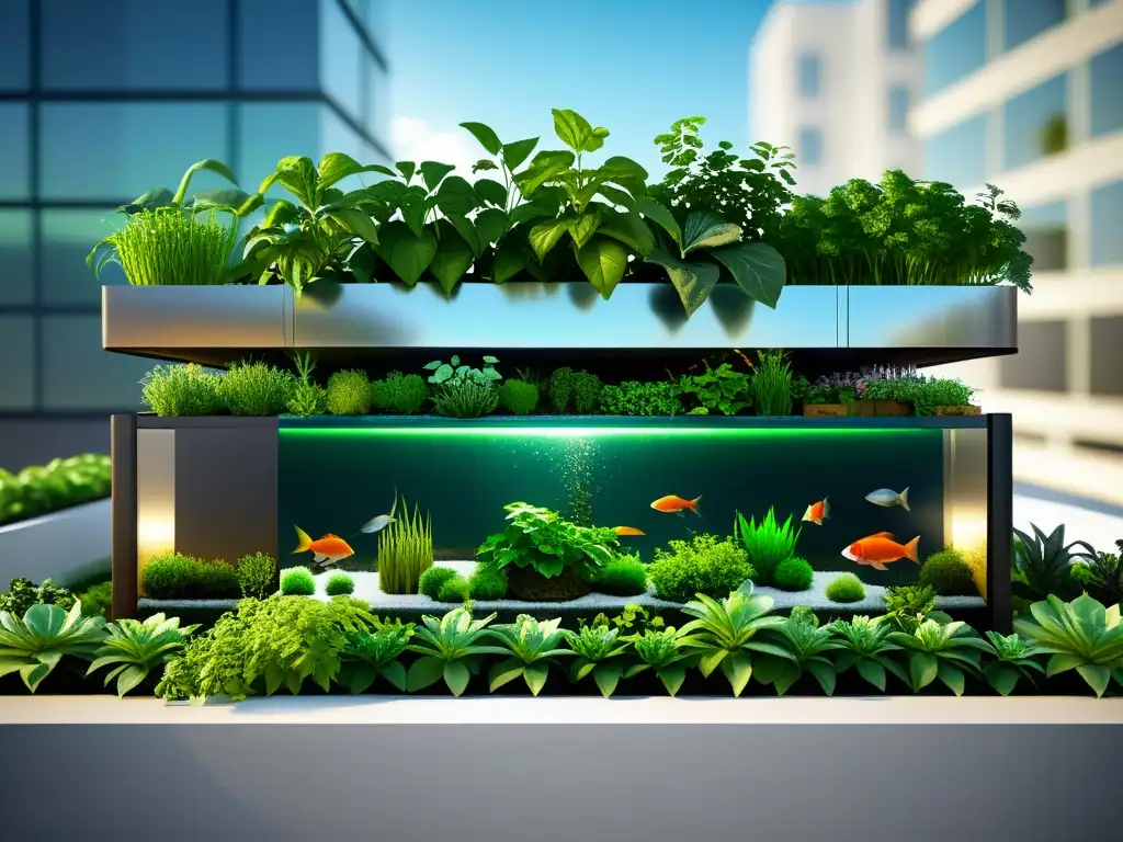 Vista impresionante de un jardín urbano en la azotea con sistema de acuaponía, control de plagas integrado y exuberante vegetación