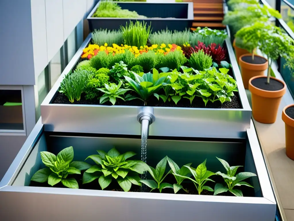 Vista impresionante de jardín urbano moderno con sistema de recolección de agua de lluvia alimentando acuaponía