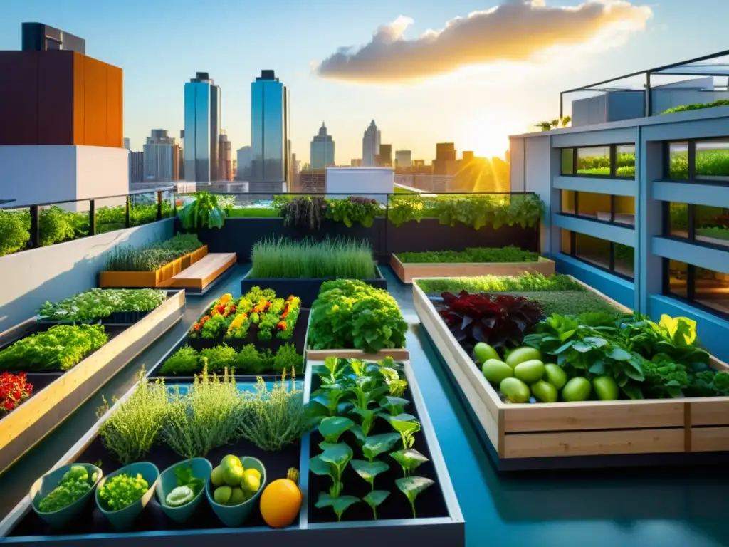 Vista impresionante de un jardín urbano orgánico con un moderno plan de negocio de agricultura urbana orgánica