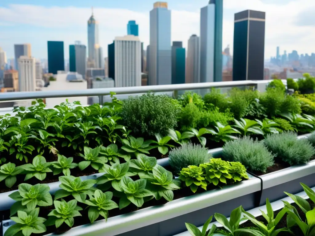 Vista impresionante de un jardín urbano vertical con acuaponía para huertos verticales urbanos, destacando la fusión de naturaleza y ciudad