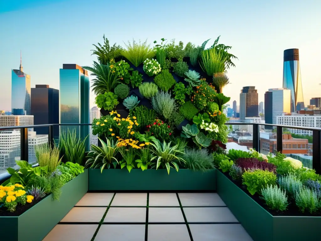 Vista impresionante de un jardín vertical urbano con vibrante vegetación, destacando el concepto de huertos verticales en terrazas