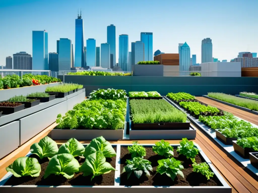 Una vista inspiradora de un jardín urbano moderno, con cultivos vibrantes y saludables en un entorno contemporáneo