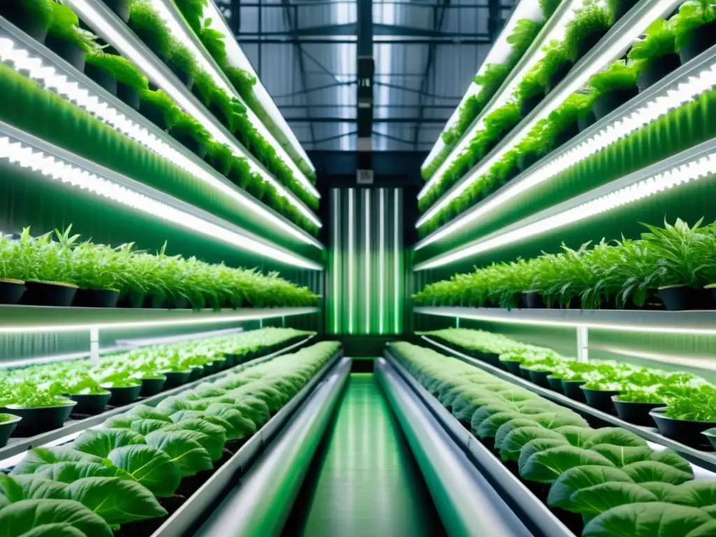 Vista interior de Green Spirit Farms con agricultura vertical sostenible innovadora en acción: plantas vibrantes en aeroponía bajo luz LED futurista