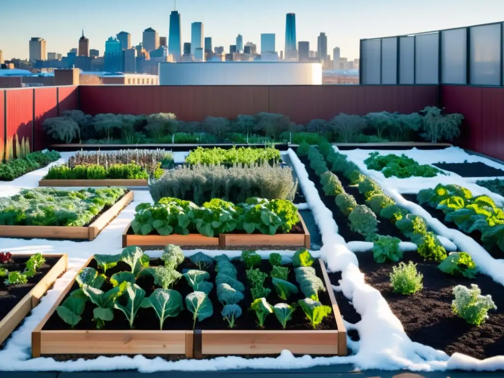 Vista invernal de huerto urbano con estrategias adaptadas al clima, lleno de vegetales cubiertos de escarcha y rodeado de ciudad nevada