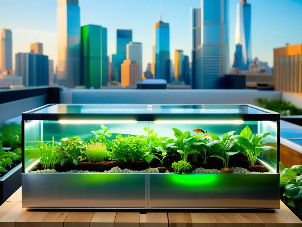 Una vista moderna de la acuaponía urbana con plantas verdes y peces coloridos