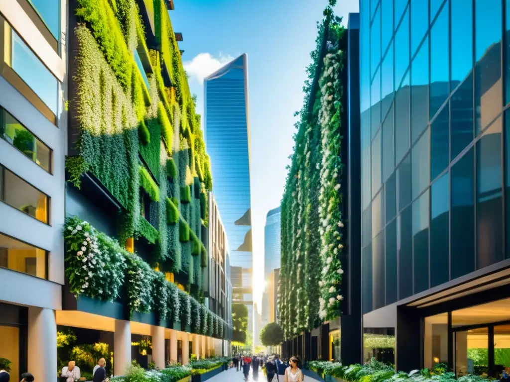 Vista panorámica de una bulliciosa calle de la ciudad con rascacielos modernos, huertos verticales y el sol filtrándose entre las hojas