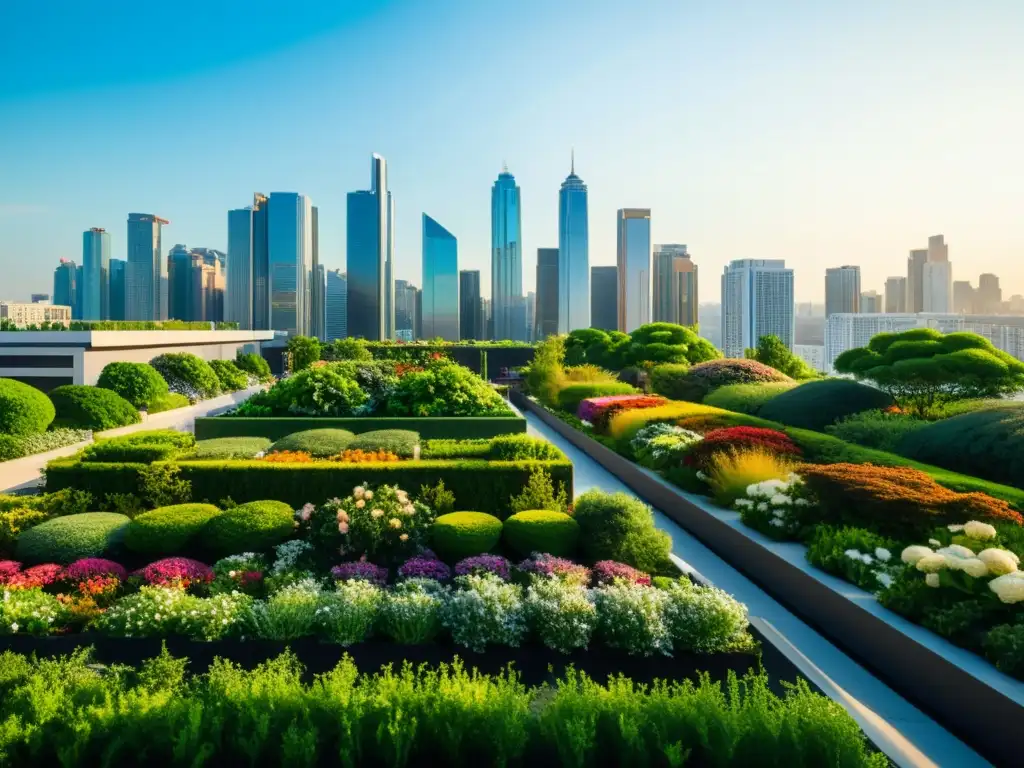 Vista panorámica de la ciudad moderna con altos edificios y exuberantes jardines verticales