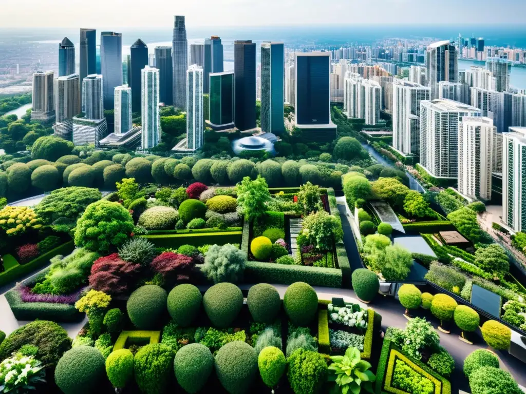 Vista panorámica de la ciudad con rascacielos y jardines verticales, ejemplificando la normativa huertos verticales urbanos