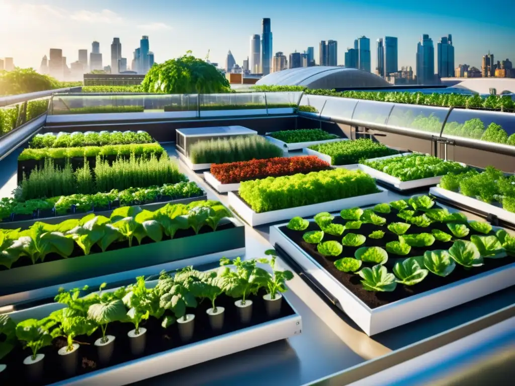 Vista panorámica de huerto urbano moderno con vegetación exuberante y equipamiento agrícola de alta tecnología