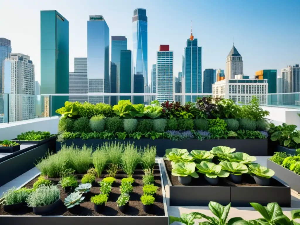 Vista panorámica de un huerto vertical en la azotea de una ciudad moderna, ilustrando la agricultura urbana sostenible