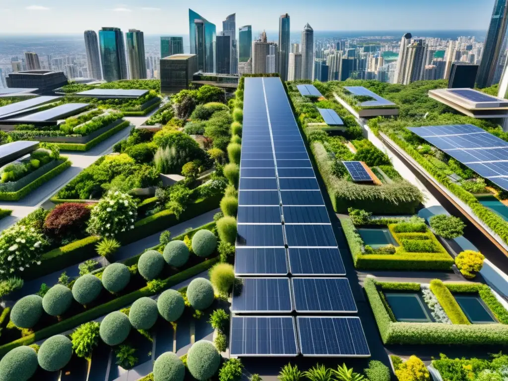 Vista panorámica de paisaje urbano sostenible con energía solar, huertos verticales y modernos rascacielos integrados en armonía