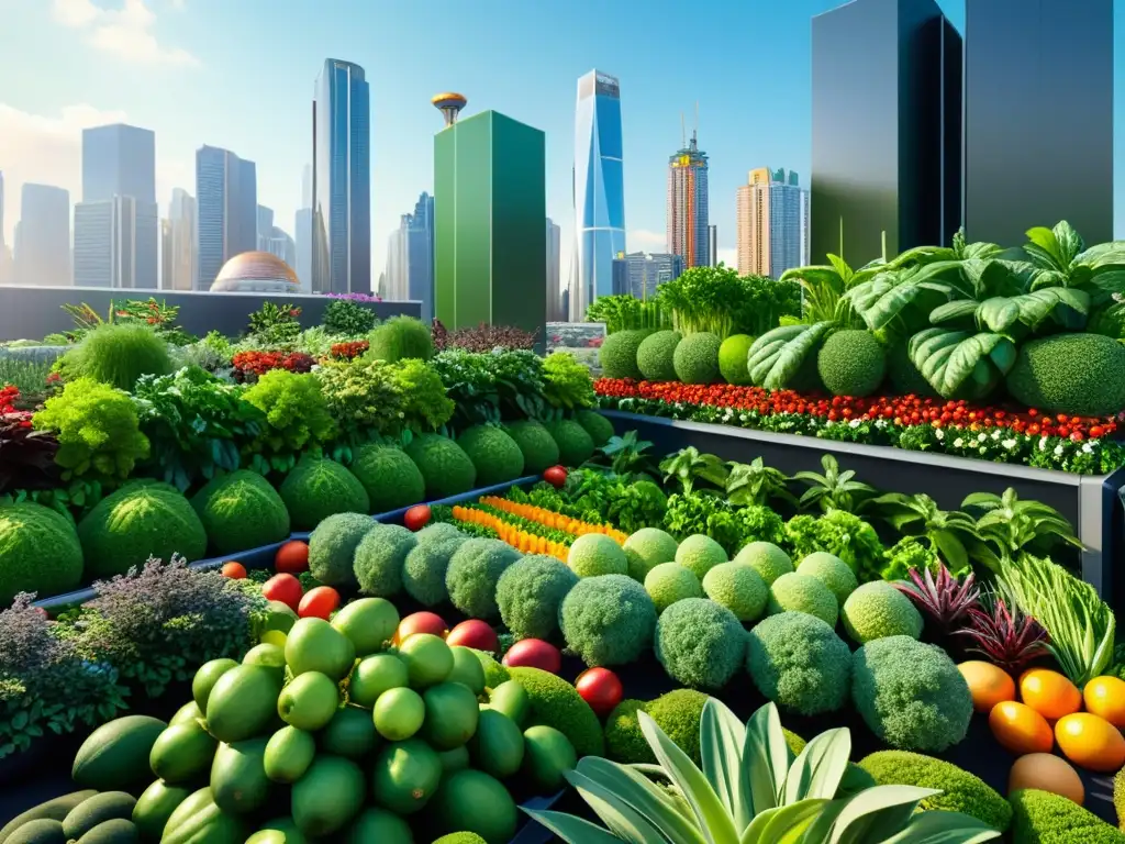 Vista panorámica urbana con huertos verticales modulares seguridad alimentaria urbana