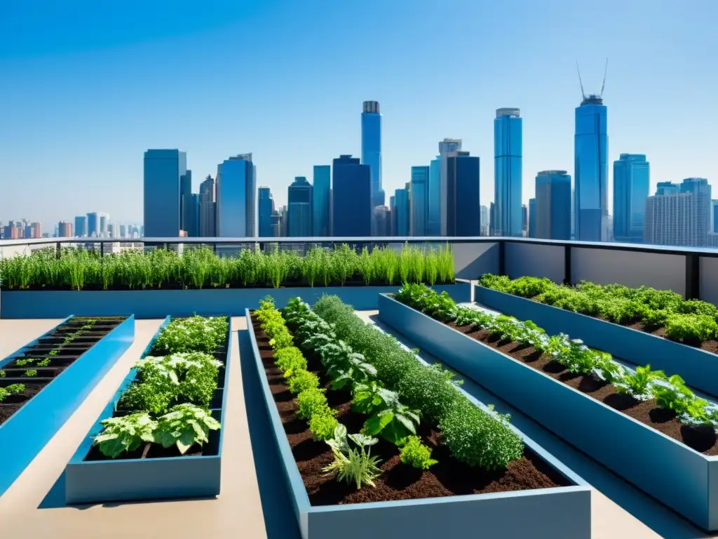 Vista panorámica de un jardín urbano moderno con sistema de riego por goteo, plantas exuberantes y rascacielos en el fondo