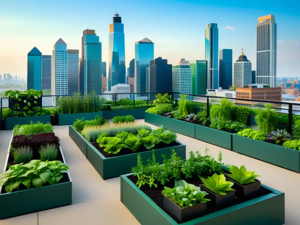 Vista panorámica de un jardín urbano con plantas verdes y hortalizas en equilibrio ecológico en agricultura urbana