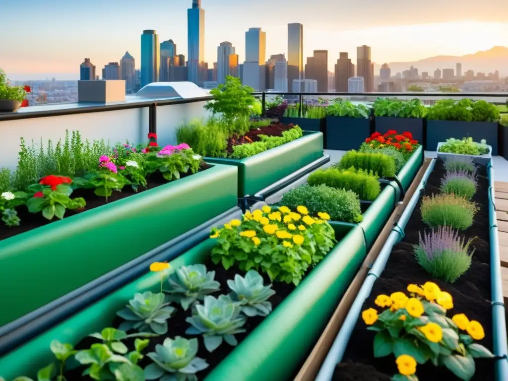 Vista panorámica de jardín urbano con sistema de riego avanzado resaltando la importancia del riego en agricultura urbana