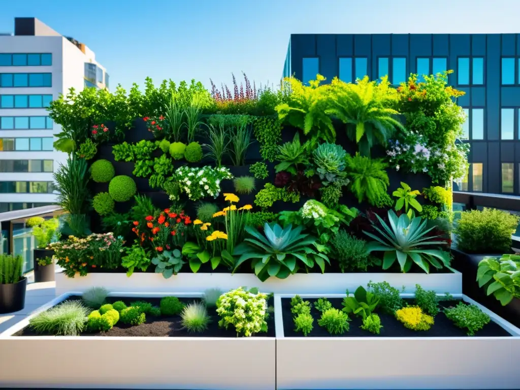 Vista panorámica de un jardín vertical urbano con diseño moderno y vibrante, integrado en la ciudad