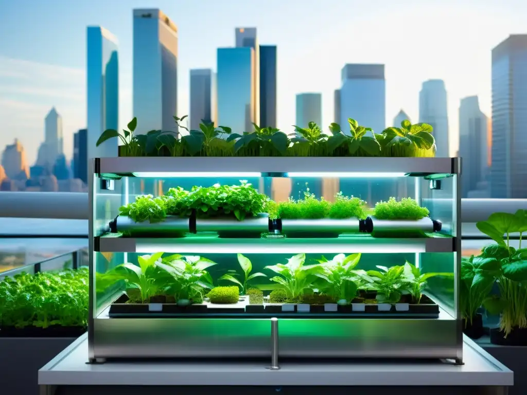 Vista de un sistema de acuaponía vertical moderno, con plantas vibrantes y peces, frente a un horizonte urbano