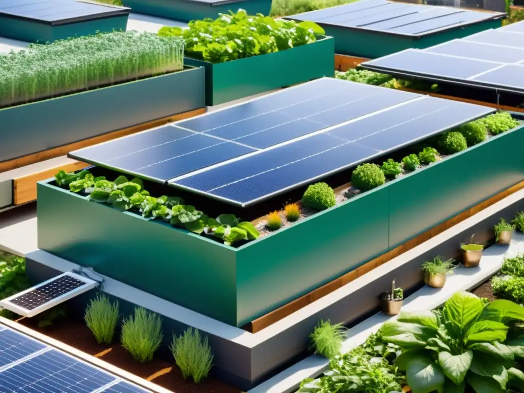 Vista urbana con calentadores solares acuaponía, paneles brillantes y jardines verdes