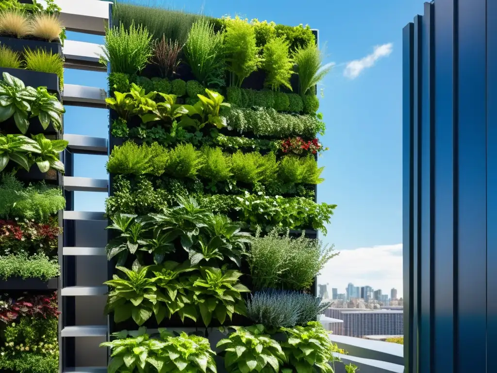 Vista urbana de estructuras modulares huertos verticales urbanos, llenas de plantas verdes exuberantes, bajo el cielo azul