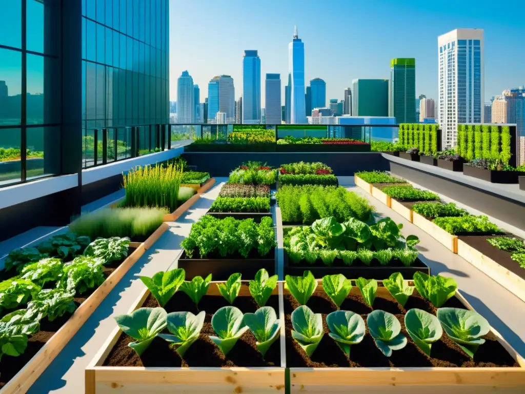 Vista urbana con huertos urbanos y cultivos variados, reflejando la integración de la agricultura urbana en la ciudad moderna y vibrante