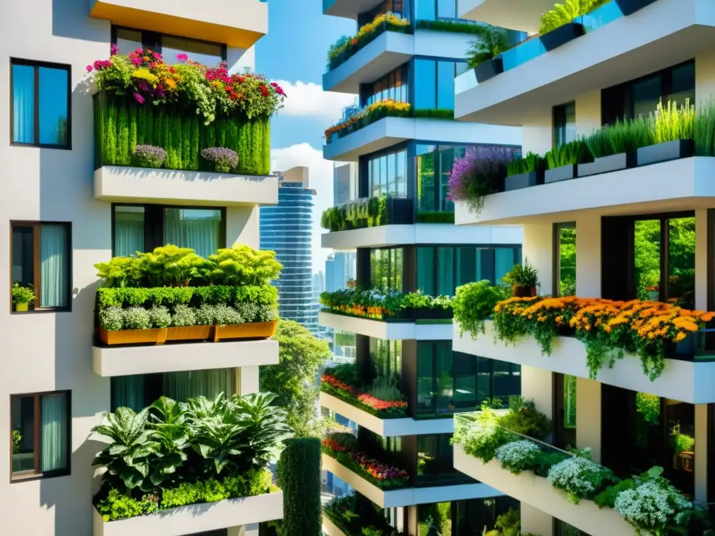 Vista urbana con huertos verticales en balcones, destacando la acuaponía urbana y sus ventajas