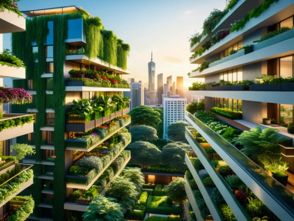 Jardines verticales en la ciudad: un paisaje urbano moderno en 8k Vista urbana con huertos verticales desafía la arquitectura moderna y ofrece oportunidades verdes en la ciudad al atardecer