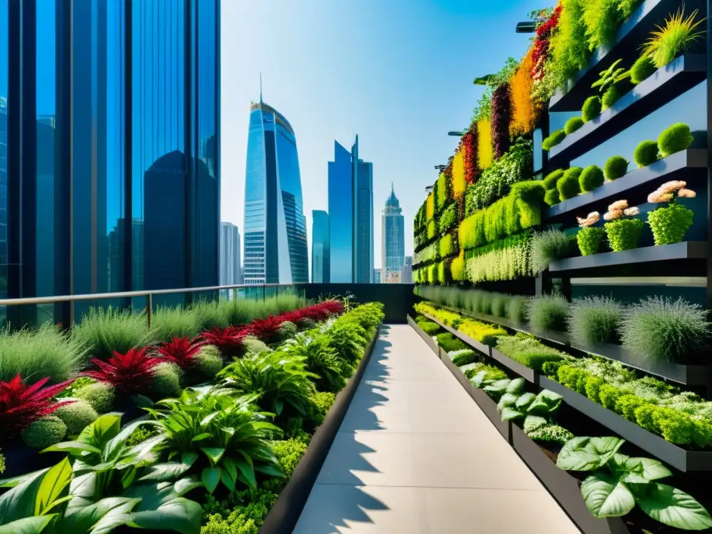 Vista urbana con huertos verticales integrados en edificios, mostrando diseño urbano sostenible