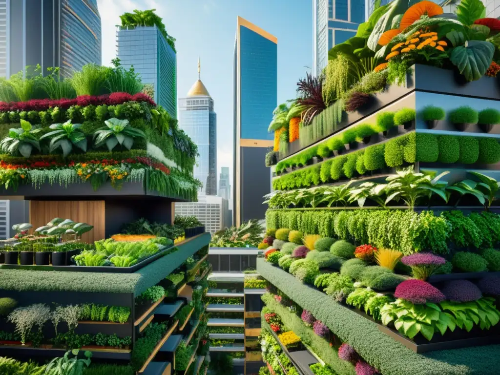 Vista urbana con huertos verticales modulares promoviendo seguridad alimentaria urbana