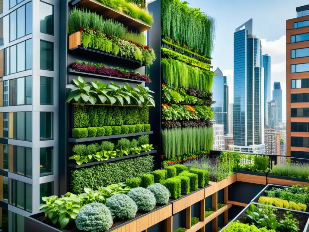 Vista urbana con huertos verticales modulares, plantas verdes y personas cosechando, promoviendo la seguridad alimentaria urbana