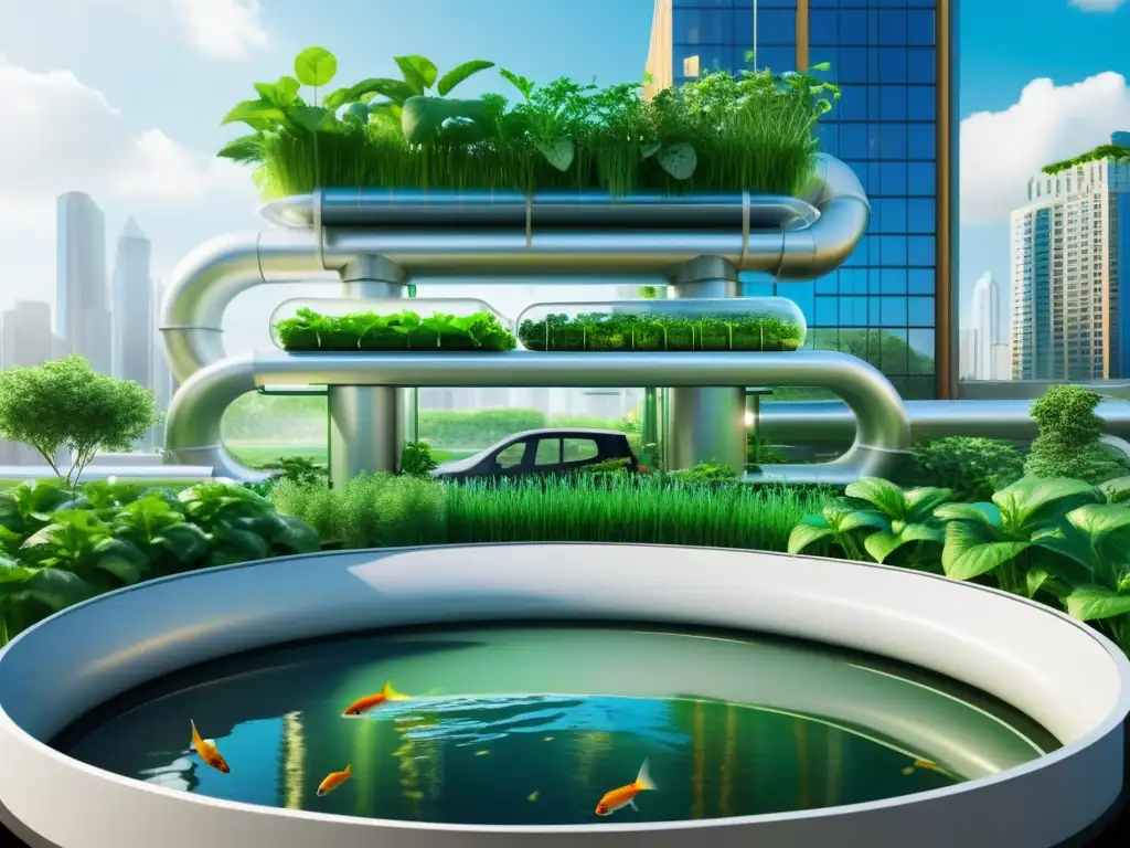 Vista urbana con acuaponía circular integrada en la ciudad, nutriendo plantas y peces