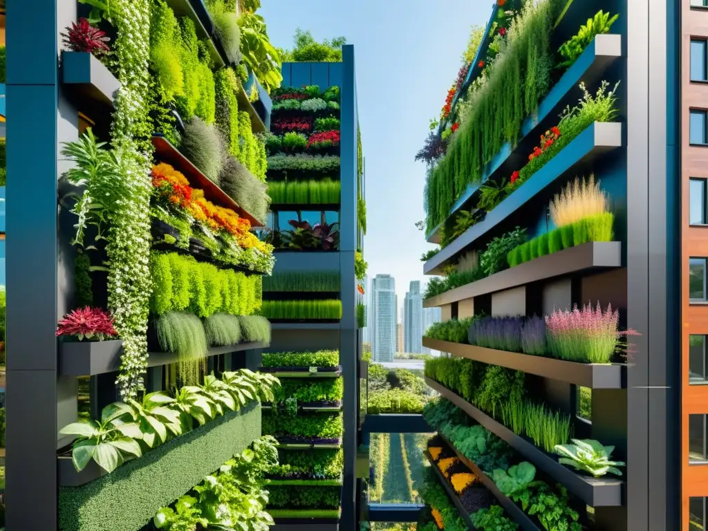 Vista urbana con jardines verticales y técnicas de paisajismo comestible urbano